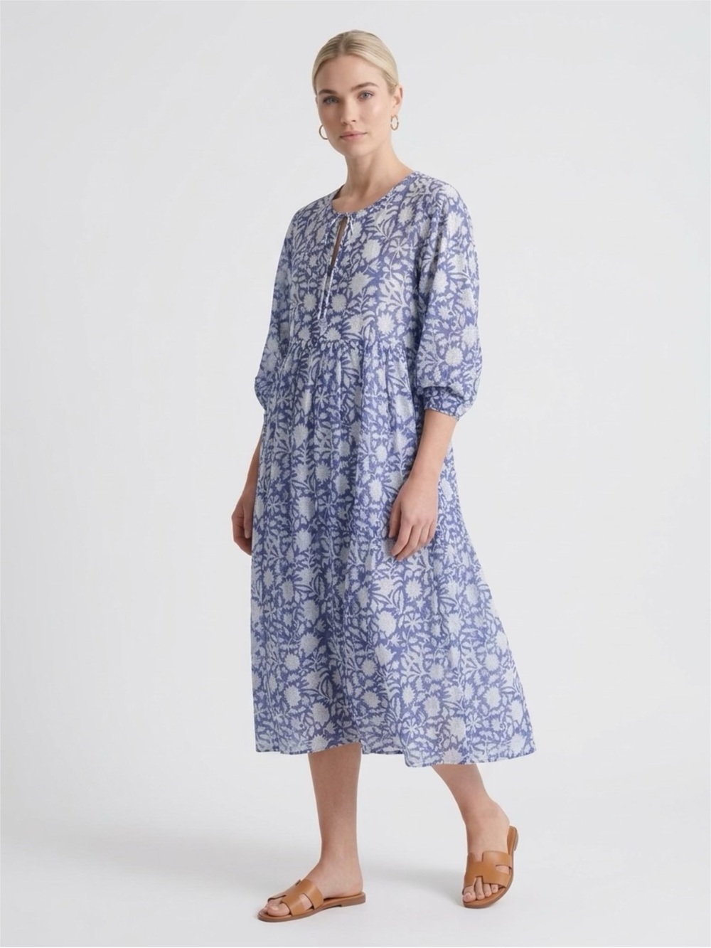 Light Blue Hand Block Printed Floral Midi Dress - Women